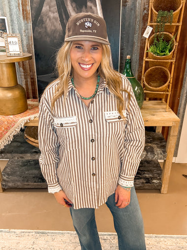 PRAIRIE PINSTRIPE BUTTON DOWN, TAUPE
