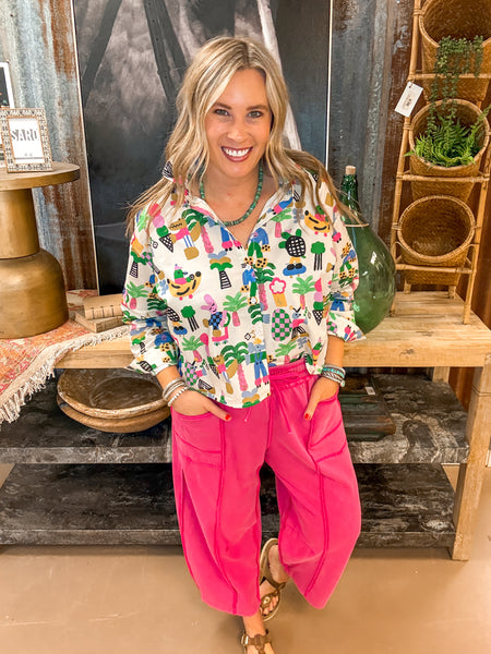 MADDIE MINERAL WASH BARREL PANTS, FUCHSIA