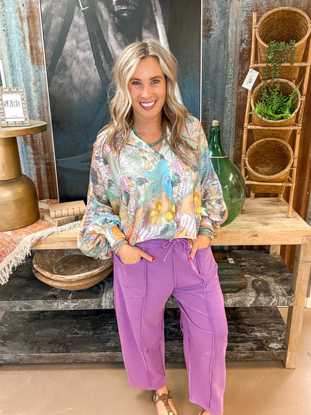 MADDIE MINERAL WASH BARREL PANTS, PURPLE