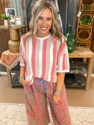 MULTI COLOR STRIPED KNITTED SWEATER, CORAL PINK