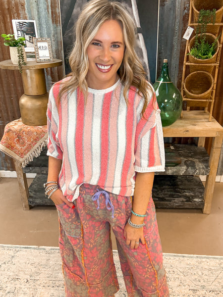 MULTI COLOR STRIPED KNITTED SWEATER, CORAL PINK