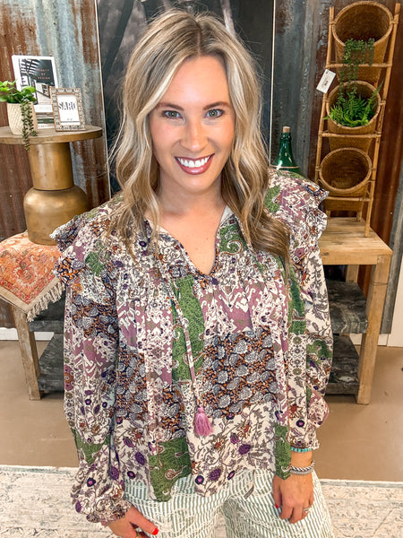PATCHWORK PRINT BLOUSE, LAVENDER