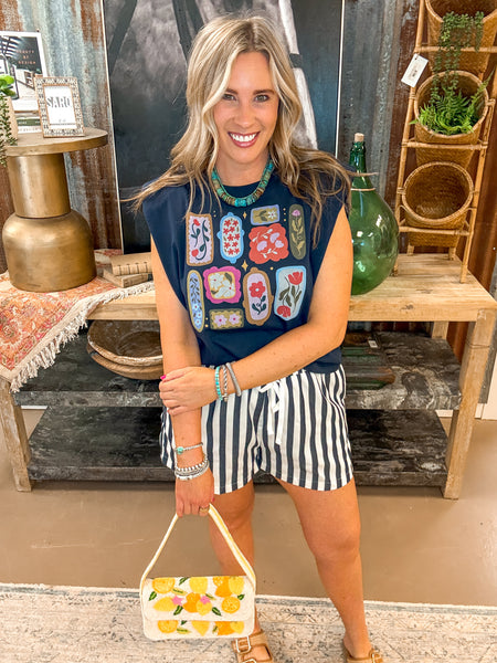 FRAMED FLOWERS TANK, NAVY