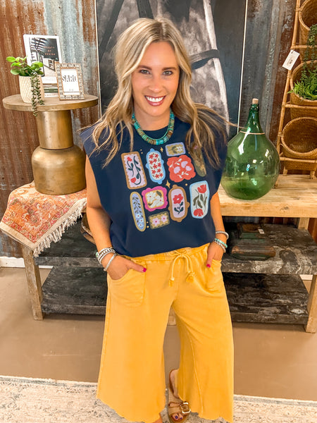 FRAMED FLOWERS TANK, NAVY