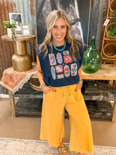 WASHED TERRY KNIT WIDE LEG PANTS, MUSTARD
