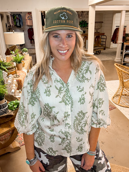 BIRDIE BUTTON DOWN BLOUSE, SAGE