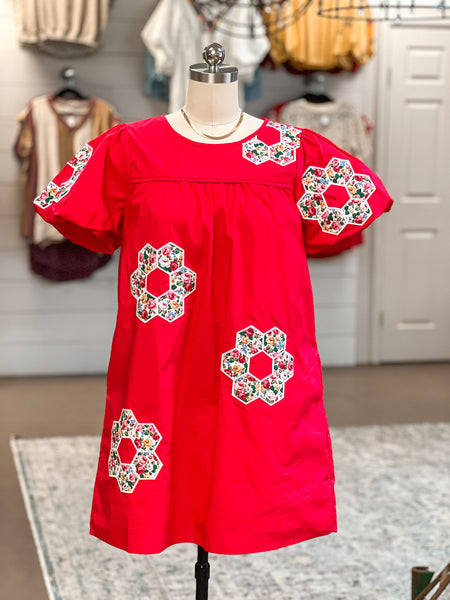 FLOWER PATCH DRESS, RED
