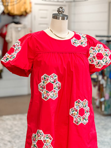 FLOWER PATCH DRESS, RED