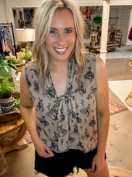 BUCKING HORSE TIE BLOUSE, MOCHA/BLACK