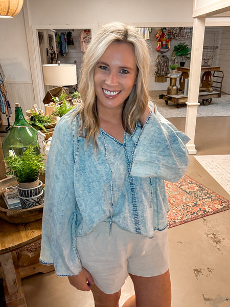DENIM BELL SLEEVE BLOUSE