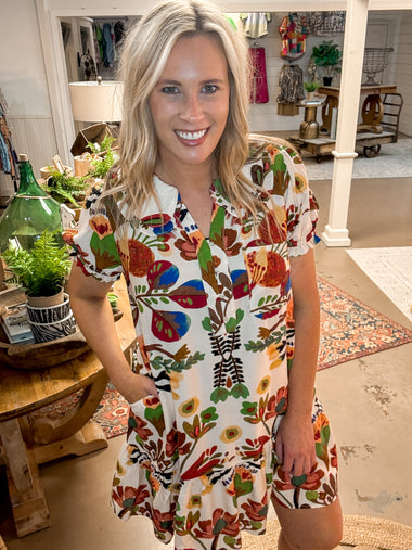 PUFF SLEEVE DRESS, BROWN MULTI