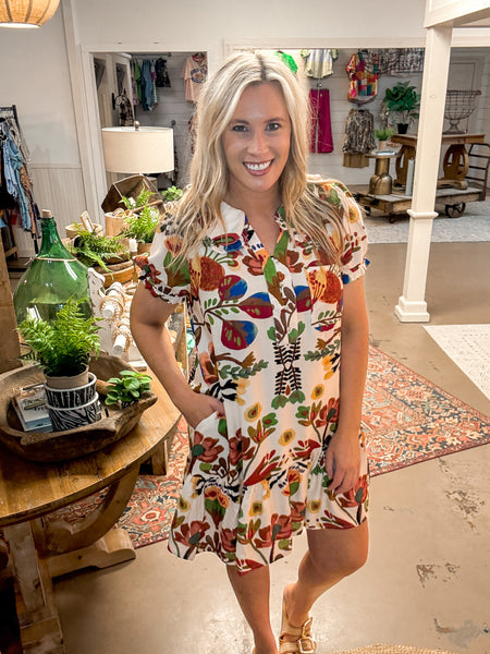 PUFF SLEEVE DRESS, BROWN MULTI