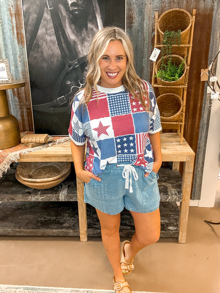 BANDANA PRINTED SHORTS, LT. DENIM