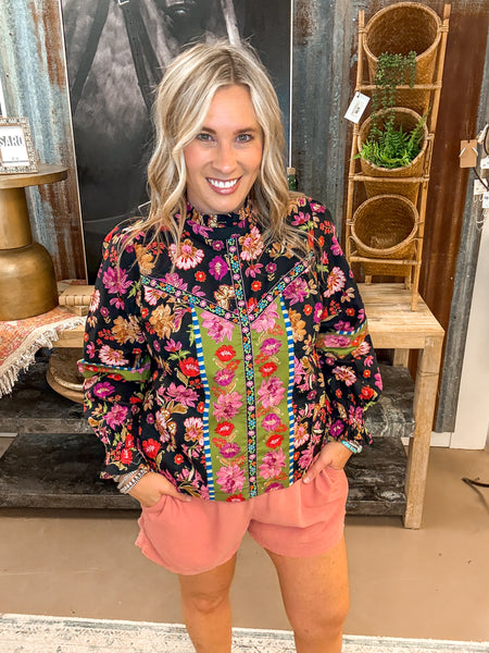 FRIDA FLORAL PRINT BLOUSE, BLACK