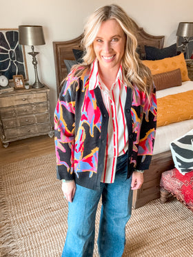 ABBY ABSTRACT PRINT CARDIGAN, BLACK