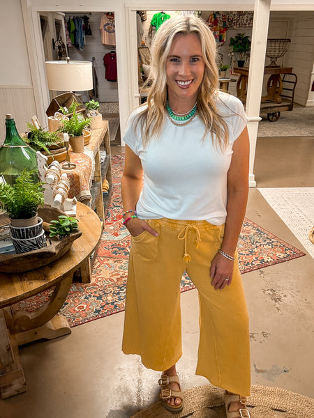 WASHED TERRY KNIT WIDE LEG PANTS, MUSTARD