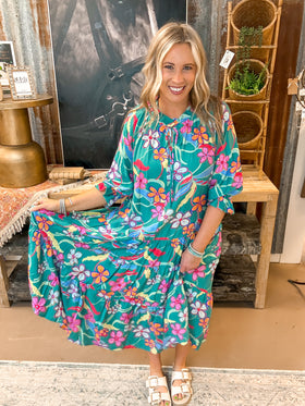 PRINTED PEACH BLOSSOM MAXI DRESS, JADE