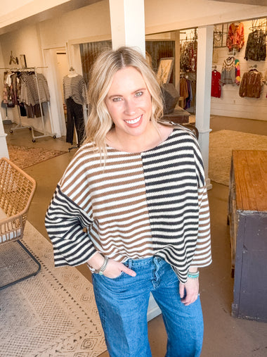 STRIPE SWAP KNIT TOP, BROWN & BLACK