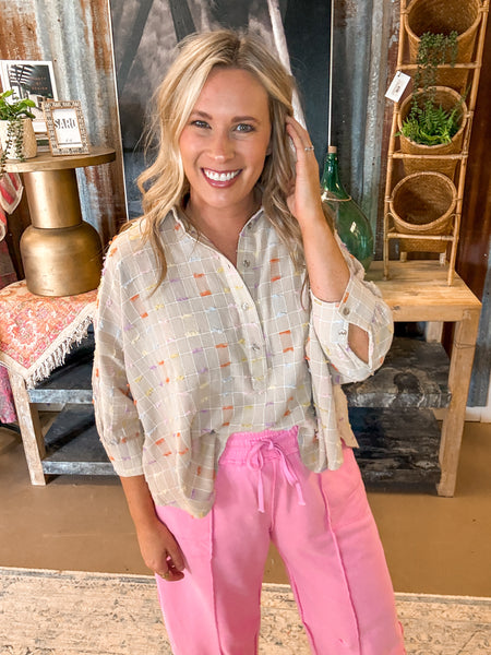 TEXTURED BUTTON FRONT BLOUSE, KHAKI