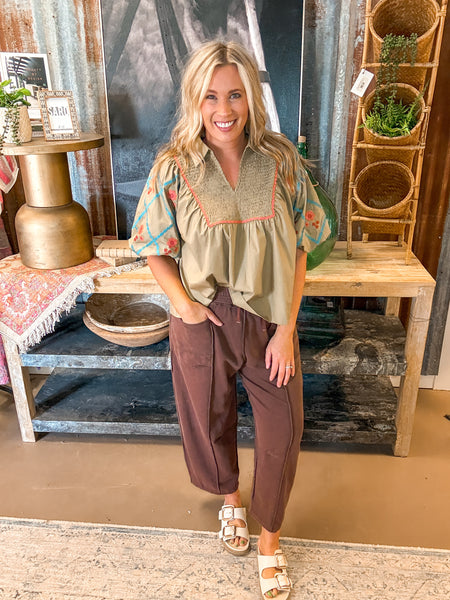 MADDIE MINERAL WASH BARREL PANTS, CHOCOLATE