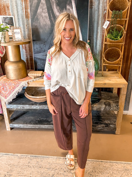 MADDIE MINERAL WASH BARREL PANTS, CHOCOLATE