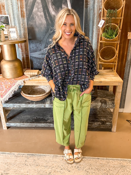 MADDIE MINERAL WASH BARREL PANTS, OLIVE GREEN