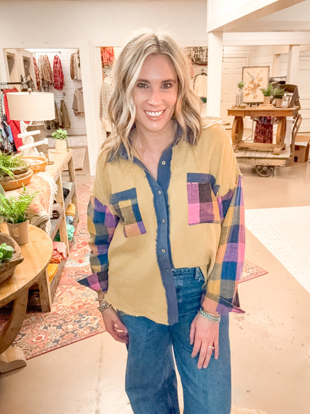 PLAID MIX BUTTON DOWN, MUSTARD