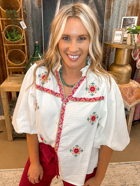 FLORAL EMBROIDERY BLOUSE, WHITE