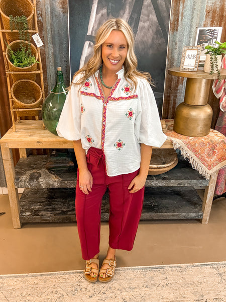 MADDIE MINERAL WASHED BARREL PANTS, BURGUNDY