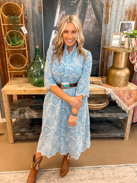 EYELET BUTTON DOWN MIDI DRESS, LT DENIM