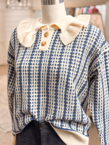 RUTH RUFFLE COLLAR PLAID KNIT SWEATER, DENIM