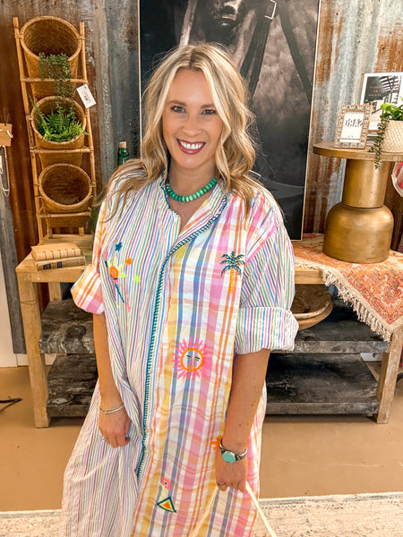 EMBROIDERED STRIPE DRESS, BLUE MULTI