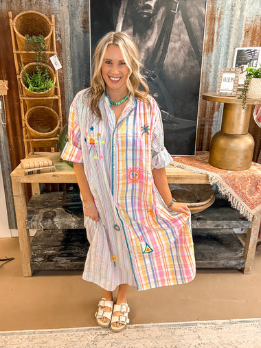 EMBROIDERED STRIPE DRESS, BLUE MULTI