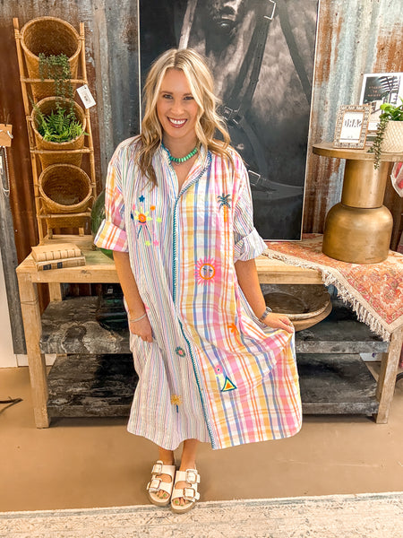 EMBROIDERED STRIPE DRESS, BLUE MULTI