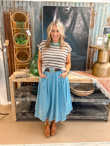 DENIM MAXI SKIRT, WASHED DENIM