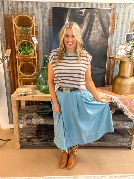 DENIM MAXI SKIRT, WASHED DENIM