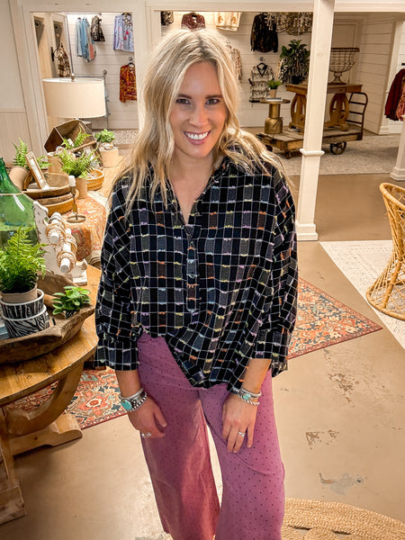 TEXTURED BUTTON FRONT BLOUSE, BLACK