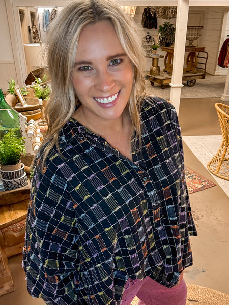 TEXTURED BUTTON FRONT BLOUSE, BLACK