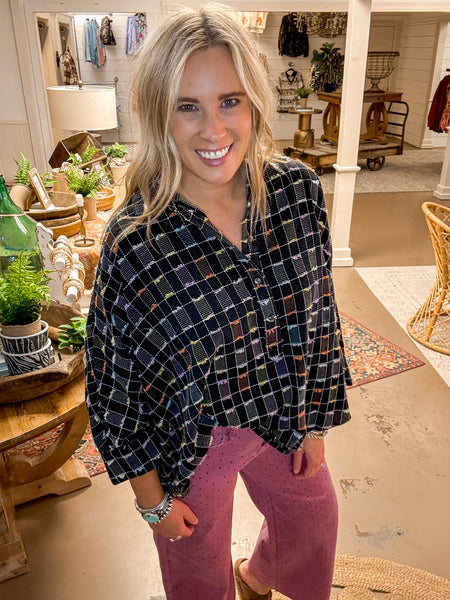 TEXTURED BUTTON FRONT BLOUSE, BLACK