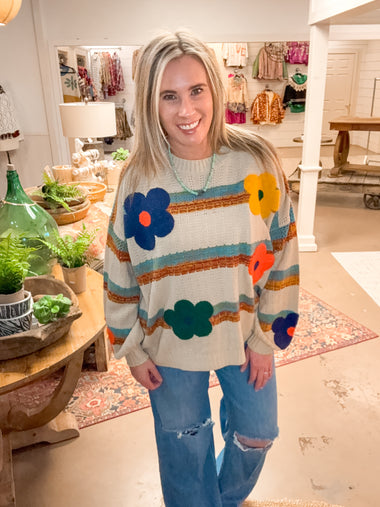 STRIPED FLOWER PRINT SWEATER