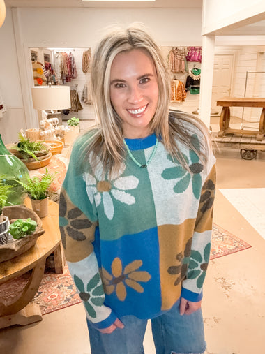 FLOWER COLOR BLOCK SWEATER, SAGE/TEAL