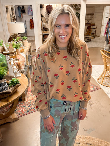 FAYE FLORAL THERMAL PULLOVER, FADED CAMEL