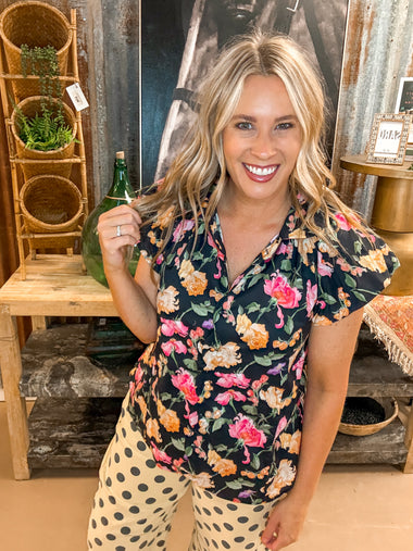 BUBBLE SLEEVE BLACK MIX BLOUSE