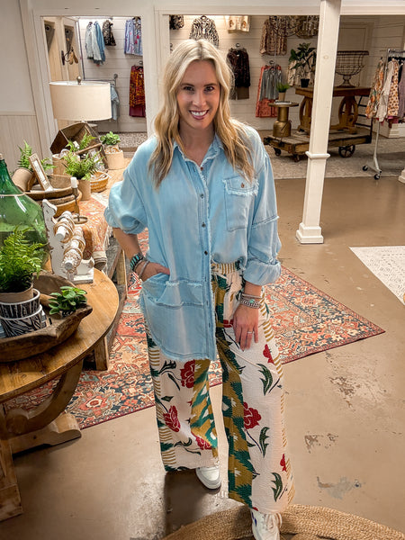 BUTTON DOWN CHAMBRAY TUNIC, LIGHT DENIM