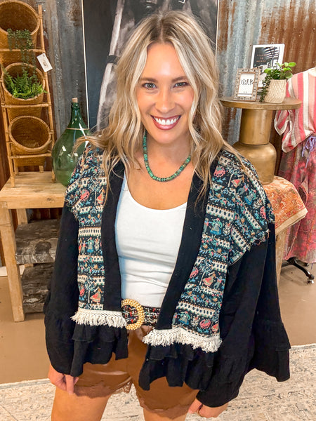 RUFFLE DETAILED CARDIGAN, BLACK