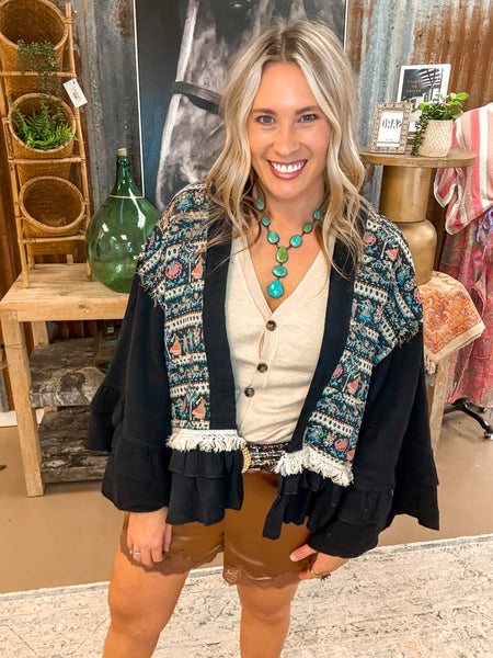 RUFFLE DETAILED CARDIGAN, BLACK