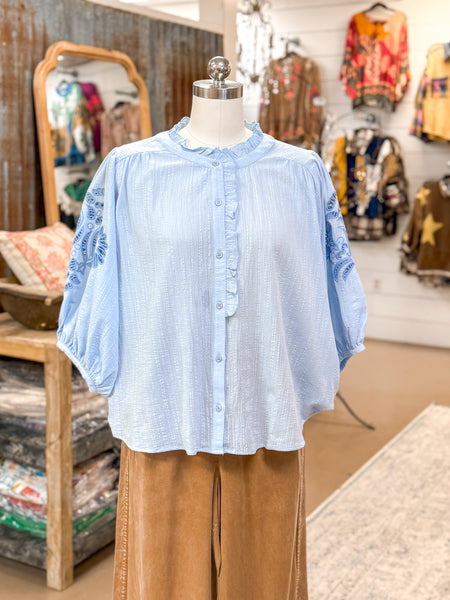 COTTON GAUZE BLOUSE W/ ARM DETAILS, COTTON BLUE