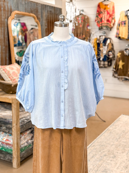COTTON GAUZE BLOUSE W/ ARM DETAILS, COTTON BLUE