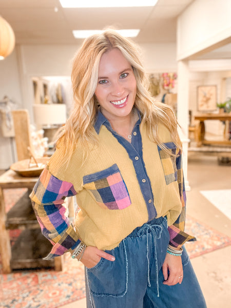 PLAID MIX BUTTON DOWN, MUSTARD