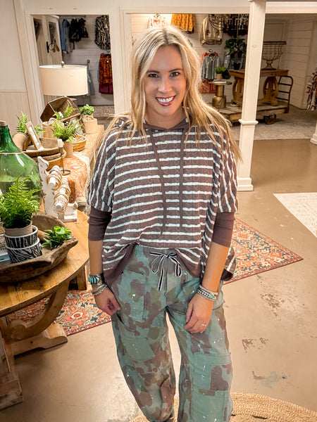 TILLY TEXTURED STRIPED HOODIE PULLOVER, COFFEE